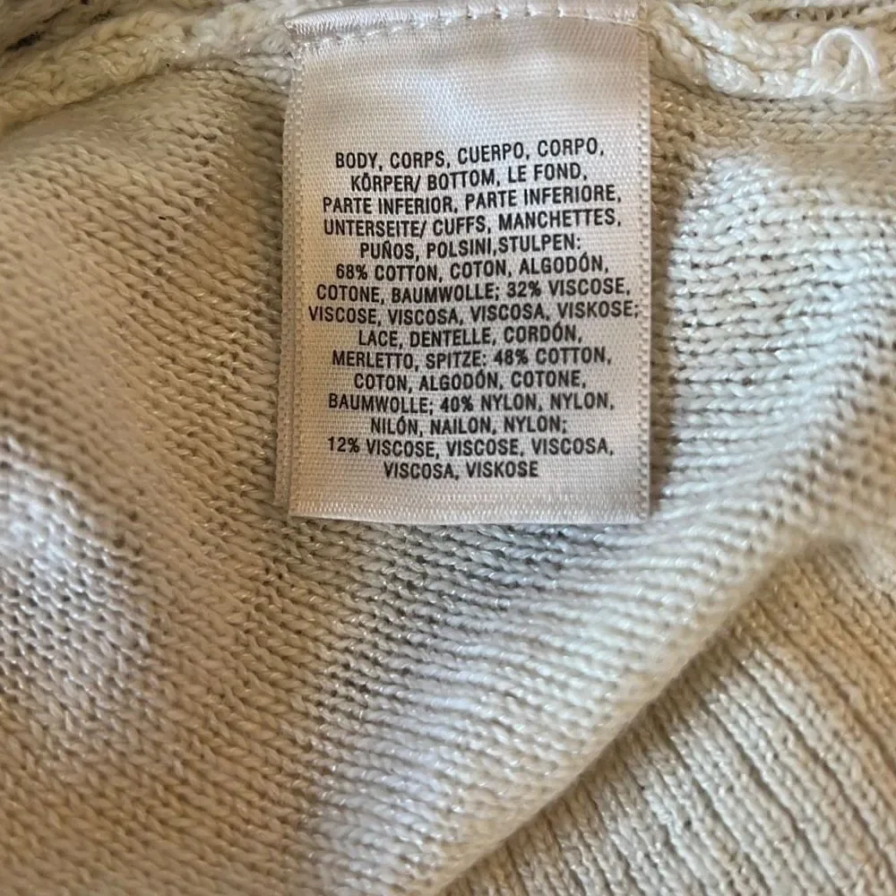 Knitted & Knotted Anthropologie Cream Sweater with Lace Sleeves and Open Knit Si